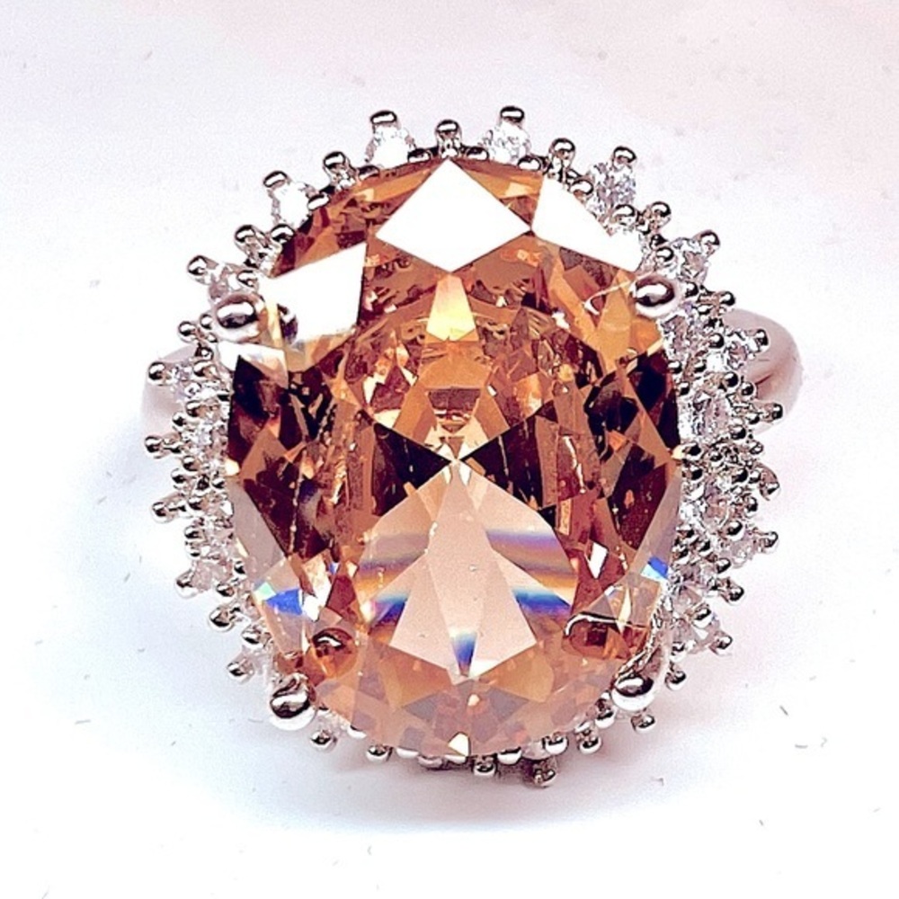 - 5 carat Huge Oval Morganite VVS1 Diamond Halo Silver Ring 925 stamped hallmark